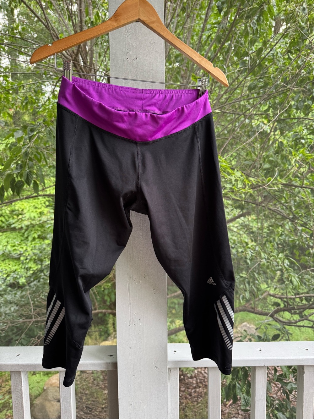 Adidas Women's Black Capri Leggings with Purple Waistband